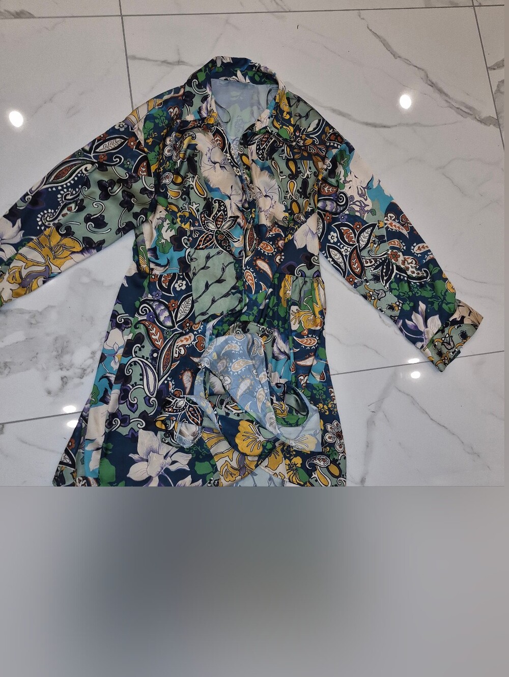 Zara Floral Paisley V-Neck Long Sleeve Top in Navy, Green & Yellow